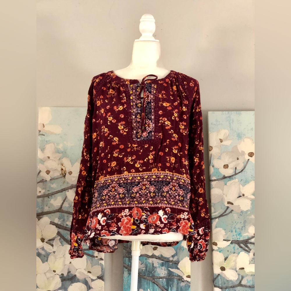 Knox Rose Maroon Boho Floral Top with Ties